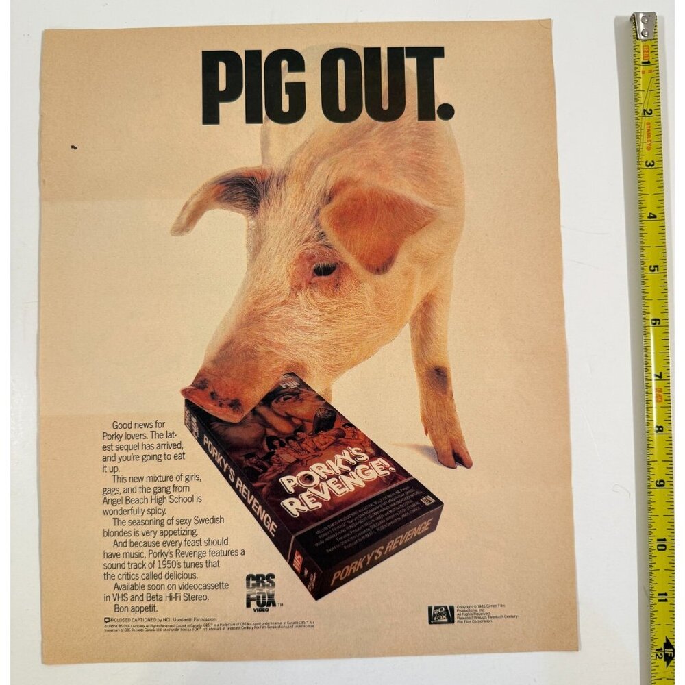 Vintage 1985 Porky's Revenge Movie Pig with VHS Tape Advertisement Print Ad - Picture 2 of 2